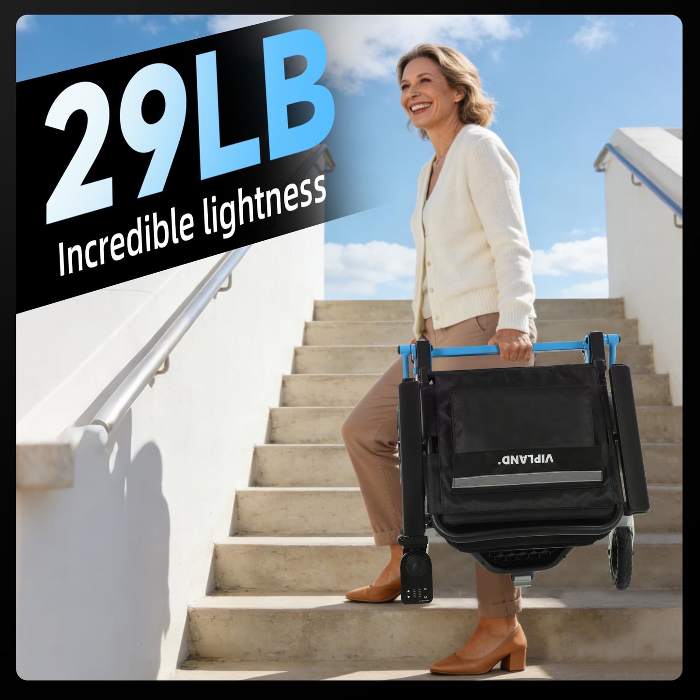 VIPLAND Lightweight Magnesium Alloy Electric Wheelchair for Adults, 29lb Compact Foldable Power Wheelchair Oven-Sized, 25Miles Long Travel Range, 300lbs Capacity, Airline Approved, All Terrain, Blue