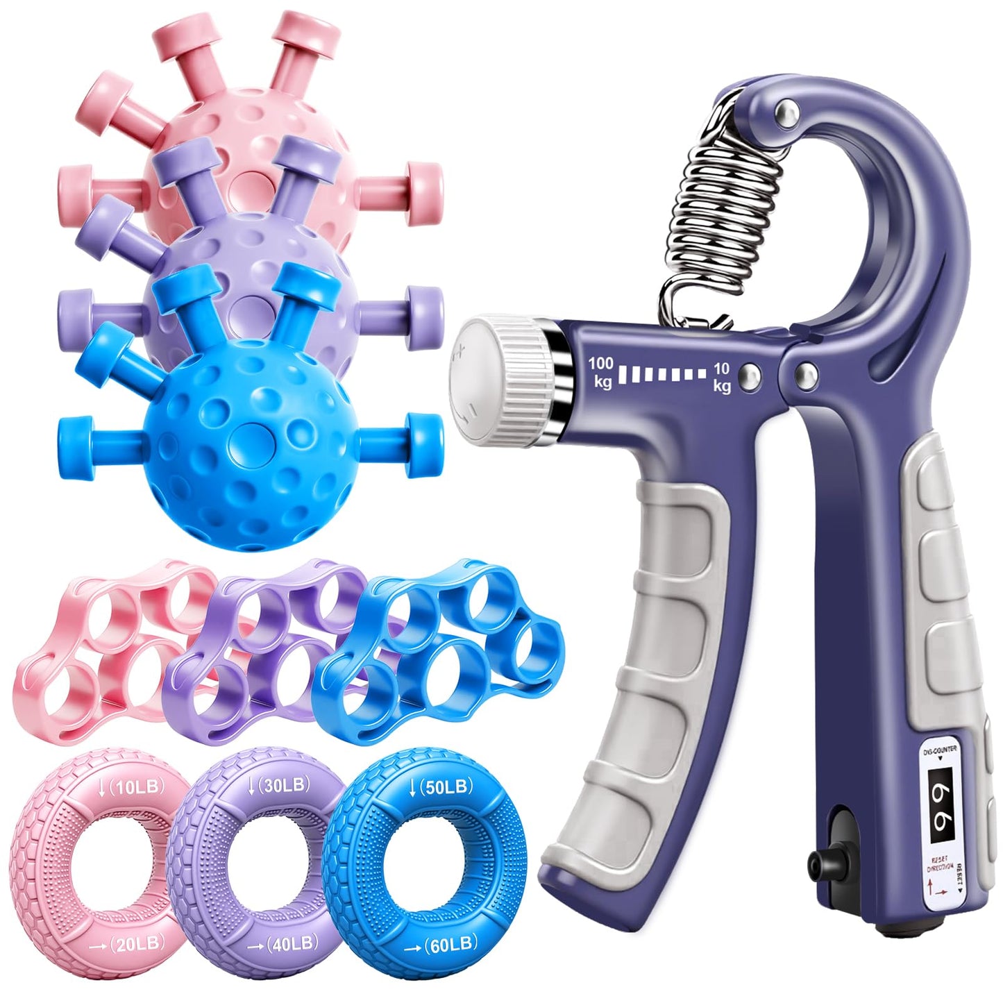 TEAWOO 10-Pack Grip Strength Trainer Kit, Adjustable Forearm Strengthener, 3 Colors Hand Grip Strengthener Balls, Finger Exerciser & Stretcher for Strength Training, Recovery & Flexibility
