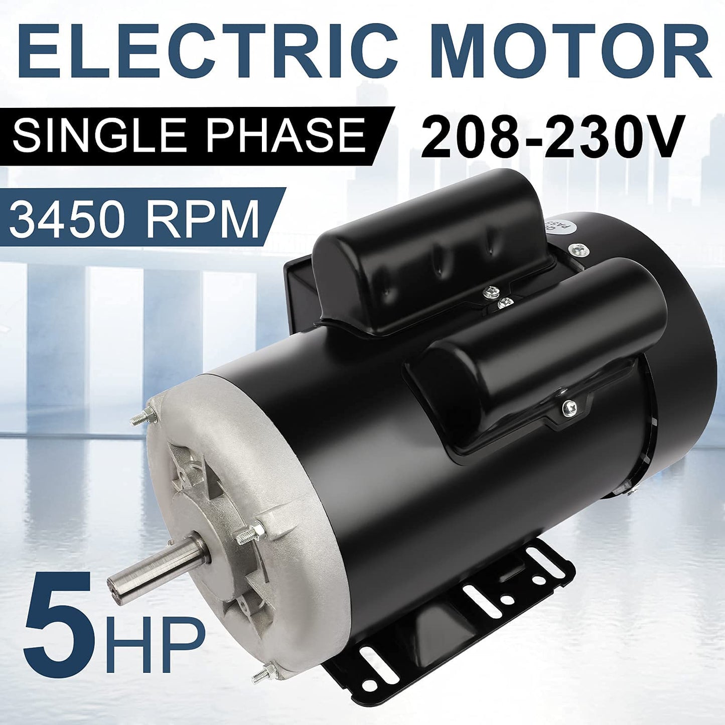 5HP Electric Motor 3450 RPM Farm Duty Single Phase Motor 56 Frame 208-230V 5/8" Shaft Diameter, 60Hz CW/CCW TEFC