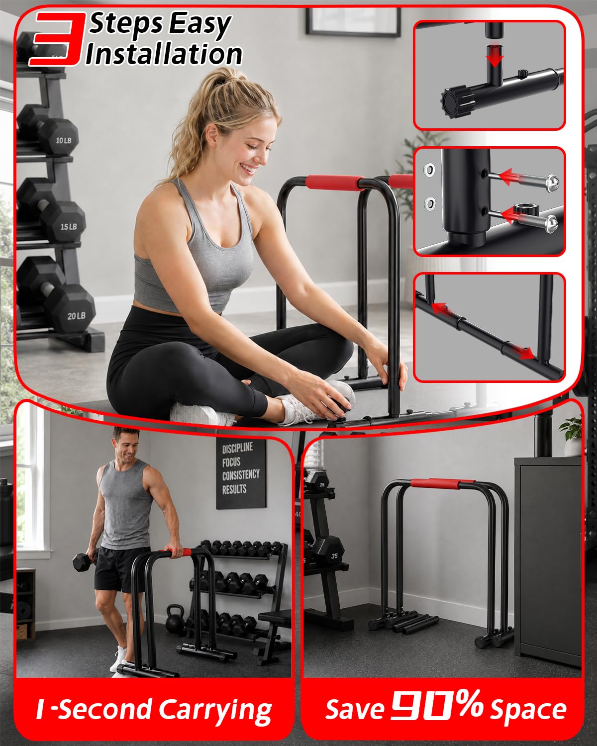 Streamnova Dip Bar Station, 1100LBS Heavy-Duty Adjustable Height & Width Parallel Bars with Dual Inner Connectors ltra-Stable Settings & Non-Slip Feet for Home Gyms, Upper Body & Core Training