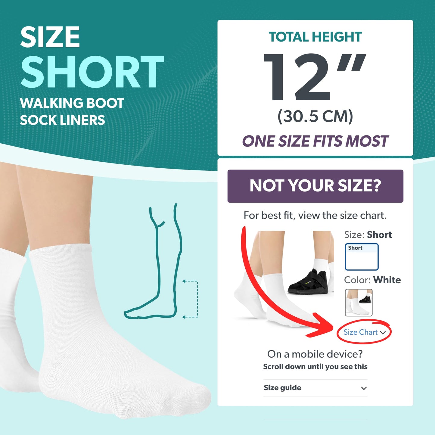 BraceAbility Walking Boot Sock Liners – (1 Pair) Replacement Medical Tube Socks for Under Orthopedic Foot Cast Shoes, Air CAM Walkers, and Surgical Fracture Boots for Men or Women (Short White)