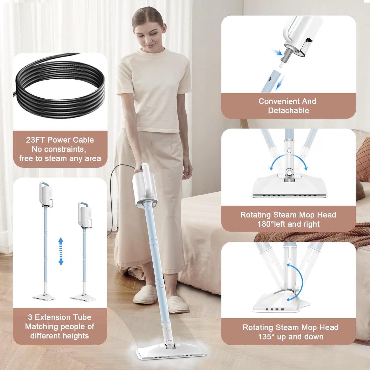 Steam Cleaner, 6 in1 Rotated Steam Mop Cleaner with 2 Modes, 2 Microfiber Pads, 400ML Removable Tank, 23FT Power Cable, Detachable Steam Mops for Floor, Laminate Floor, Tiles Cleaning (Ice Blue)