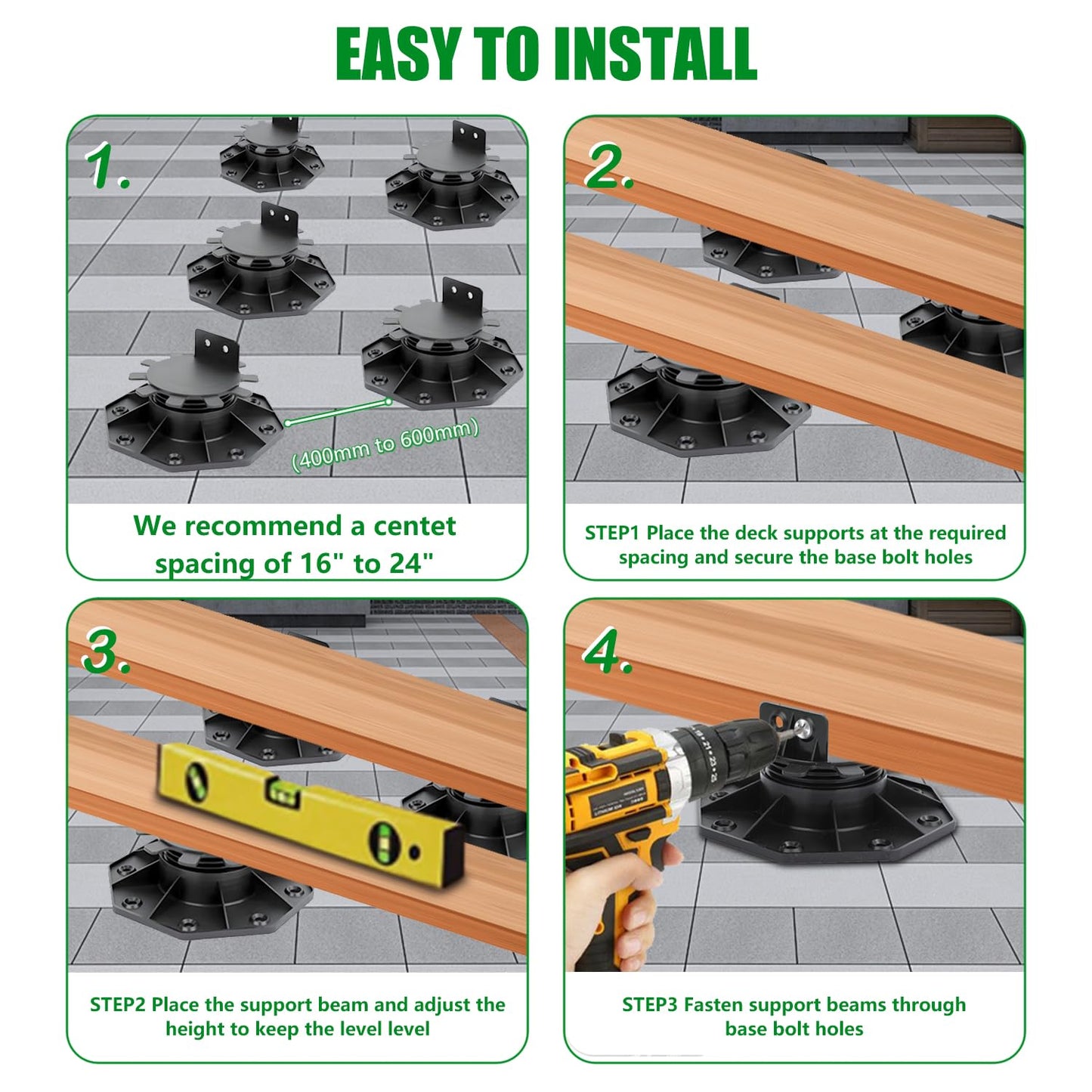 12Pack Adjustable Deck Support Pedestal Deck Foundation Base Support，Used for Floating Deck Platform Deck Floor Height Adjustment Raising, Adjustment Raising from 1-3/16" to 2-3/8",Black