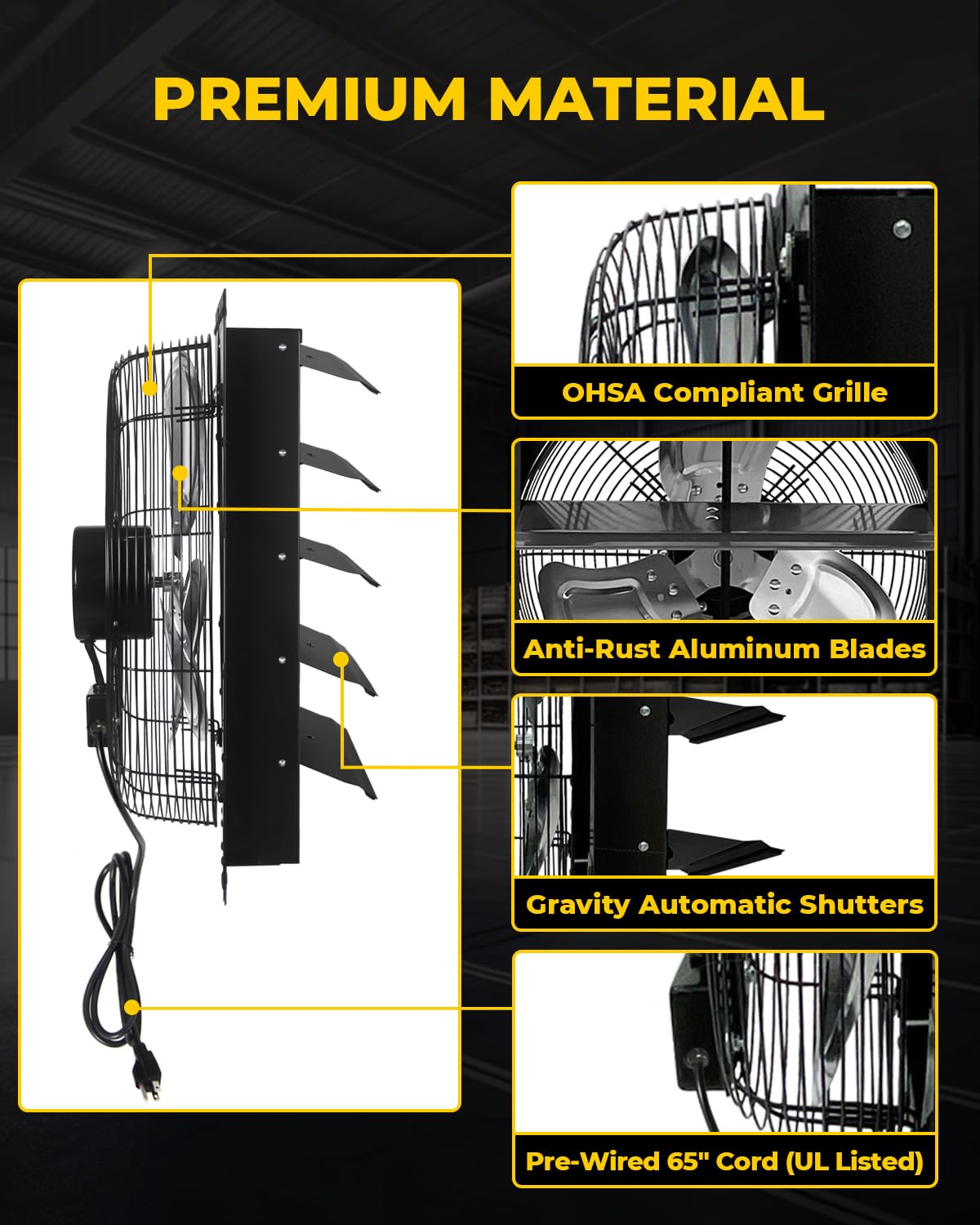 VENTISOL 20 Inch Shutter Exhaust Fan Wall Mounted, 3500CFM Exhaust Fan with Pre-Installed 1.65m Power Cord, Ventilation fan for Greenhouse, Garages, Attic, Shops, Chicken Coop, Black