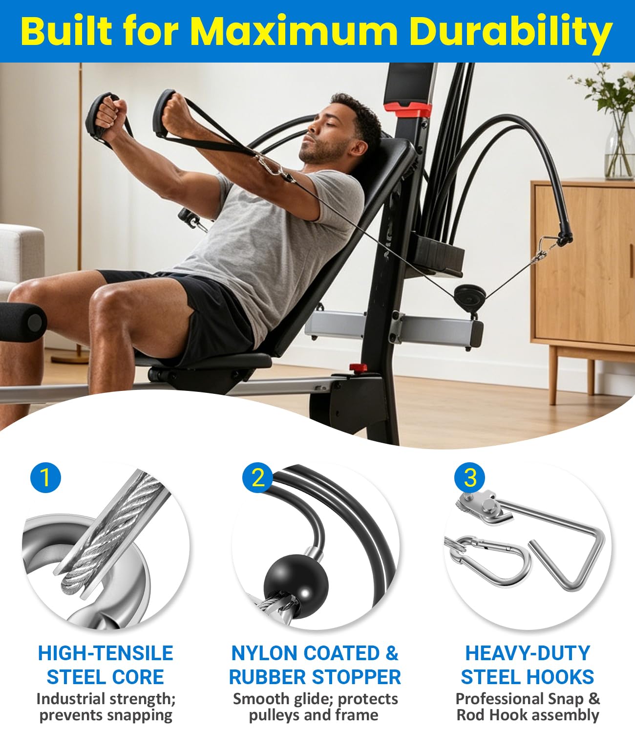 43" Rod Cable Assembly (Pair) for Bowflex Rod-Resistance Home Gyms - Heavy-Duty Replacement Cables with Hook & Rubber Stopper - Compatible with PR1000, Blaze, Sport, Xtreme SE, Power Pro, Ultimate