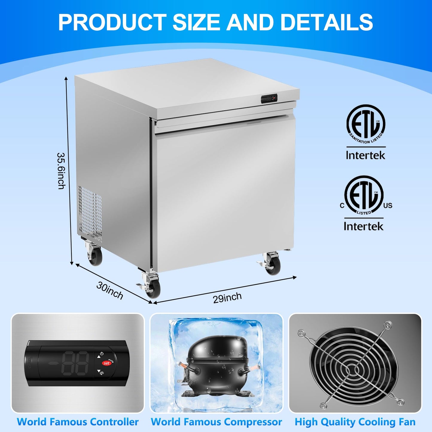 Rockitch 60" W Commercial Undercounter Freezer, 14.1 Cu.ft Stainless Steel Worktop Freezer, 2 Doors Fan Cooling Kitchen Fridge with Adjustable Shelves for Restaurant Food Prep, ETL Approved