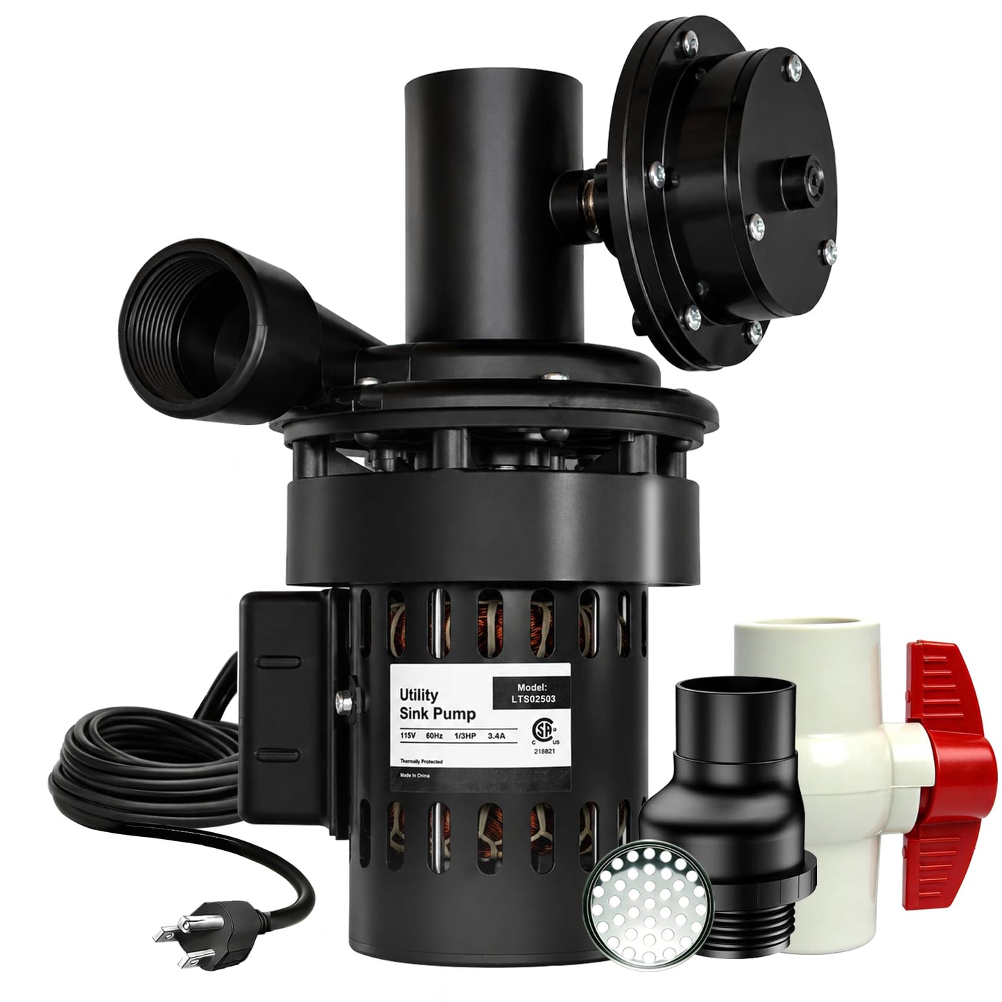 Automatic Utility Sink Pump 1/3 HP Directly Installed Under Sink, Gravity-free Drainage utility pumps for Laundry & Basement, Drain Screen, Check Valve and Ball Valve(115V)