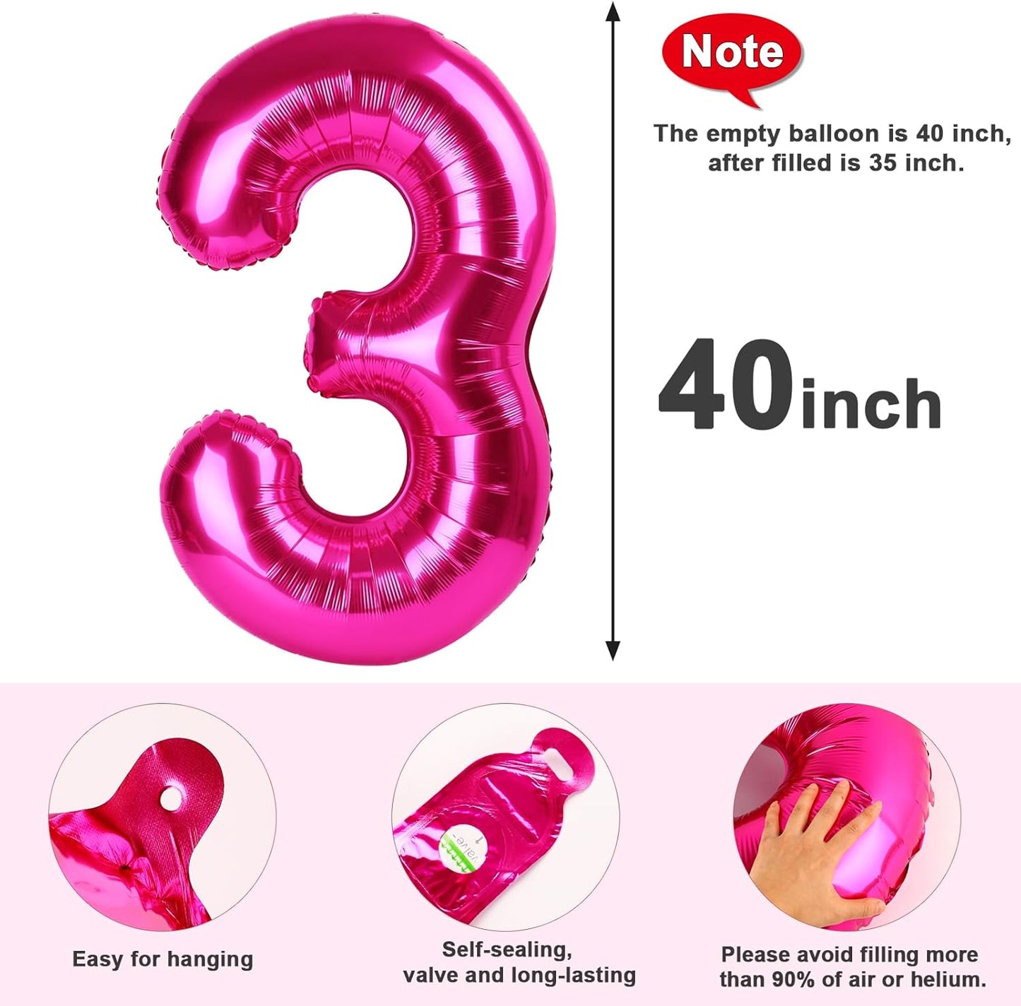 Numbers Balloon - 40 Inch Large Hot Pink Balloon for 3rd Birthday Party Decorations