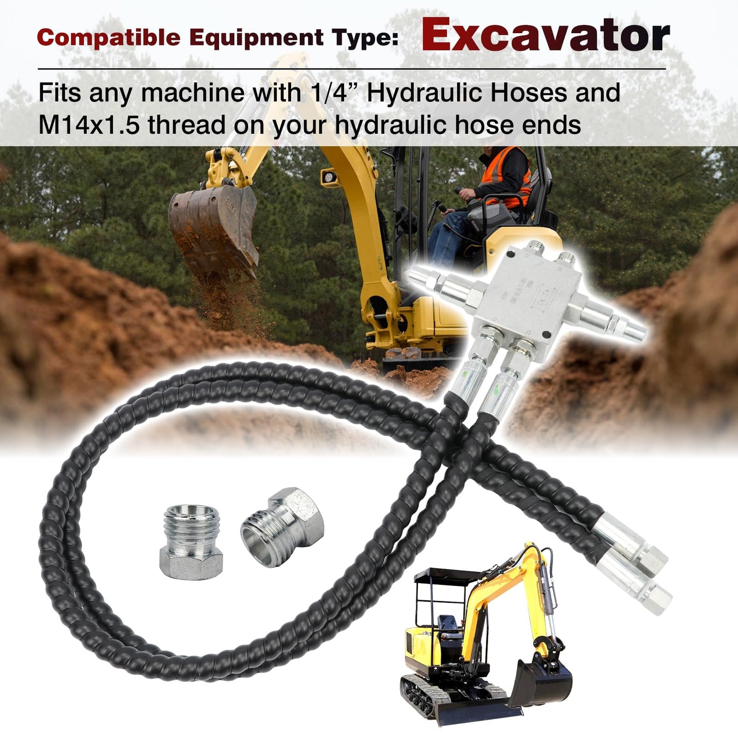 Mini Excavator Cushion Valve Kit Complete for Swivel Motor Assembled Fits any mini excavator or machine with 1/4" hydraulic hoses and M14x1.5 threaded ends (Silver 2)