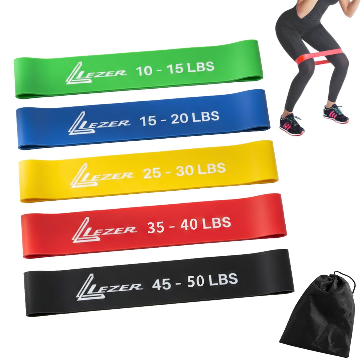 LEZER Resistance Loop Bands for Exercise Workout, Elastic Band, Stretch, Home Gym Fitness, Strength Training, Physical Therapy, Yoga, Women, Men, with Instruction and Carry Bag, Set of 5