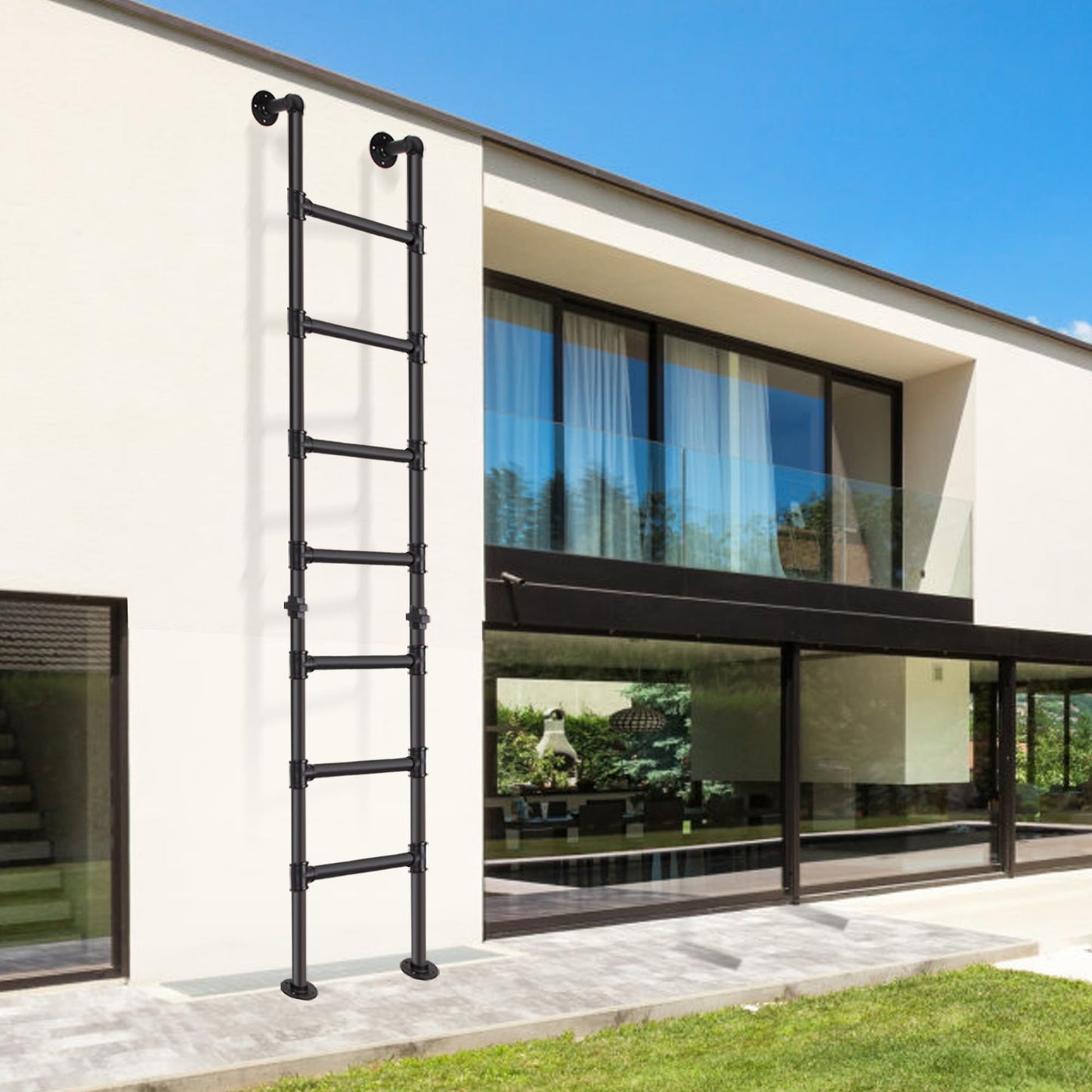 7FT/213cm Metal Loft Ladder, 7-Step Wall Floor Mounted Step Ladder for Egress Window Well, 330lbs Heavy-Duty Load Capacity, Indoor Outdoor Use for Home, Basement, High Entrance Loft Bed, Attic