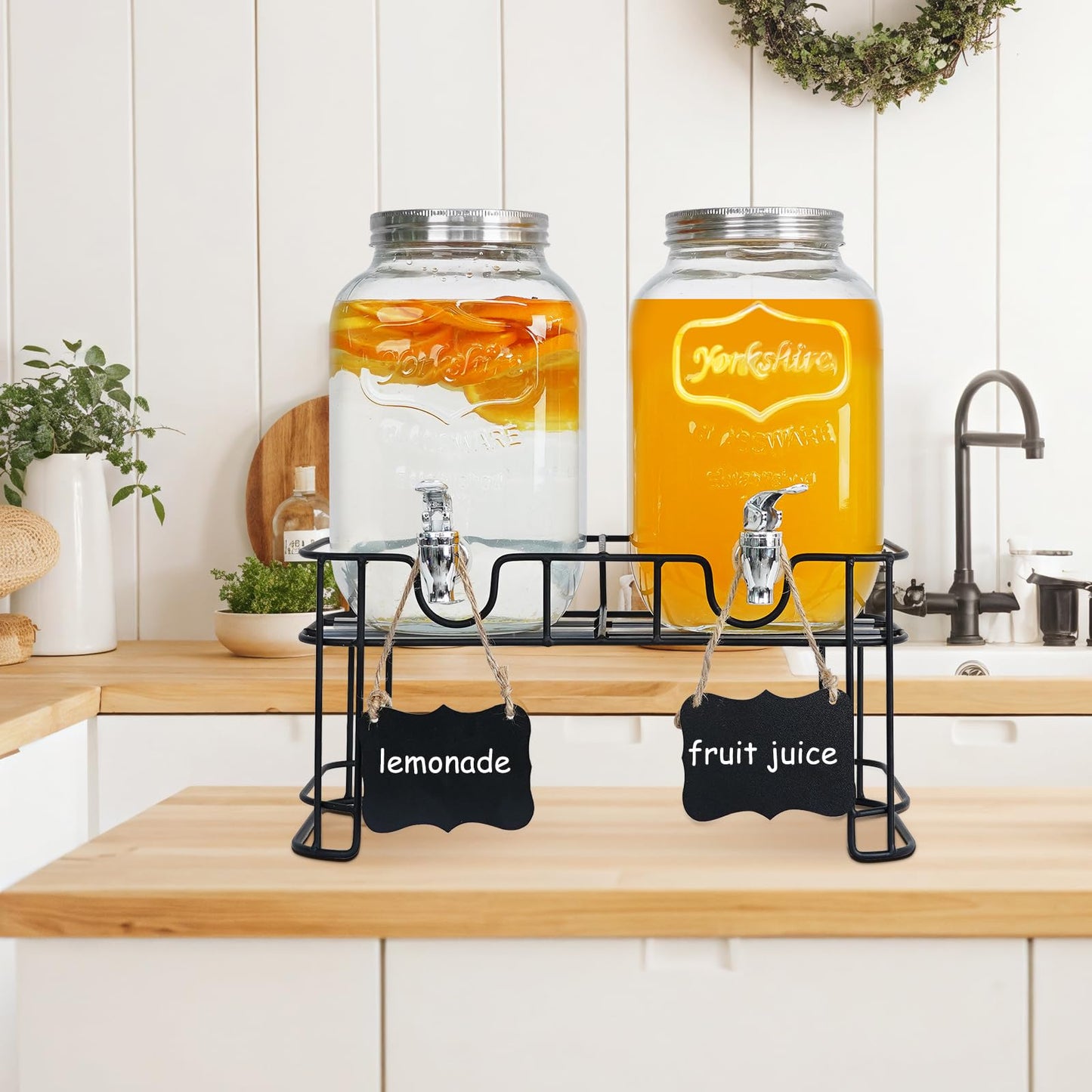 2-Pack 1 Gallon Glass Drink Dispensers for Parties - Leak-Proof Beverage Dispenser with Stand, Spigot, Ice Cylinder & Chalkboard Labels - Perfect for Lemonade, Iced Tea, and Party Drinks