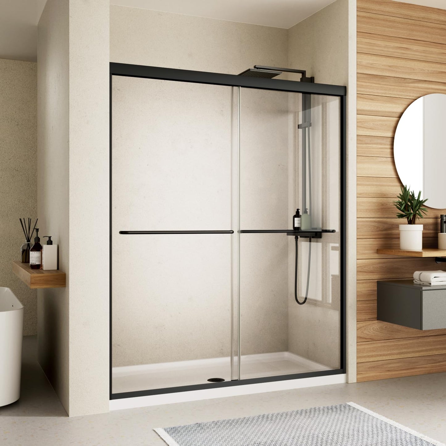 Shower Door,50-54" W x 70" H Semi-Frameless Double Sliding Glass Shower Doors with 1/4'' (6mm) Clear SGCC Tempered Glass Panel,Bypass Shower Enclosure,Matte Black