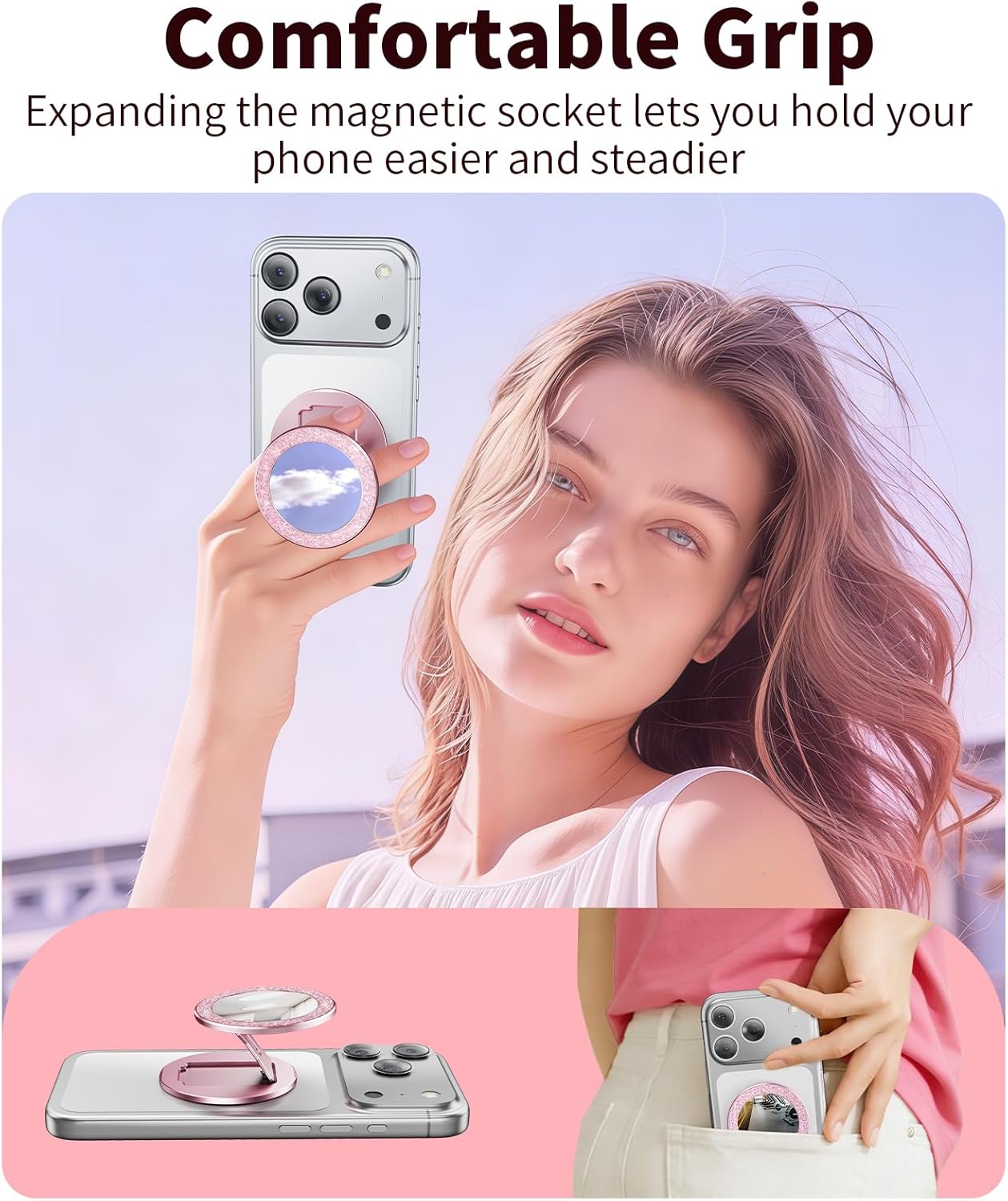 Blissfuhue 17/16/15/14 Portable Double-Sided Magnetic Phone Holder with Mirror, for Magnetic Phone GripFoldable
