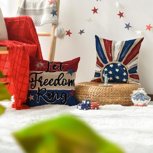 AVOIN Colorlife Throw Pillow Covers - Patriotic Red, White & Blue Fireworks Design | 18 x 18 Inch Set of 4 for 4th of July