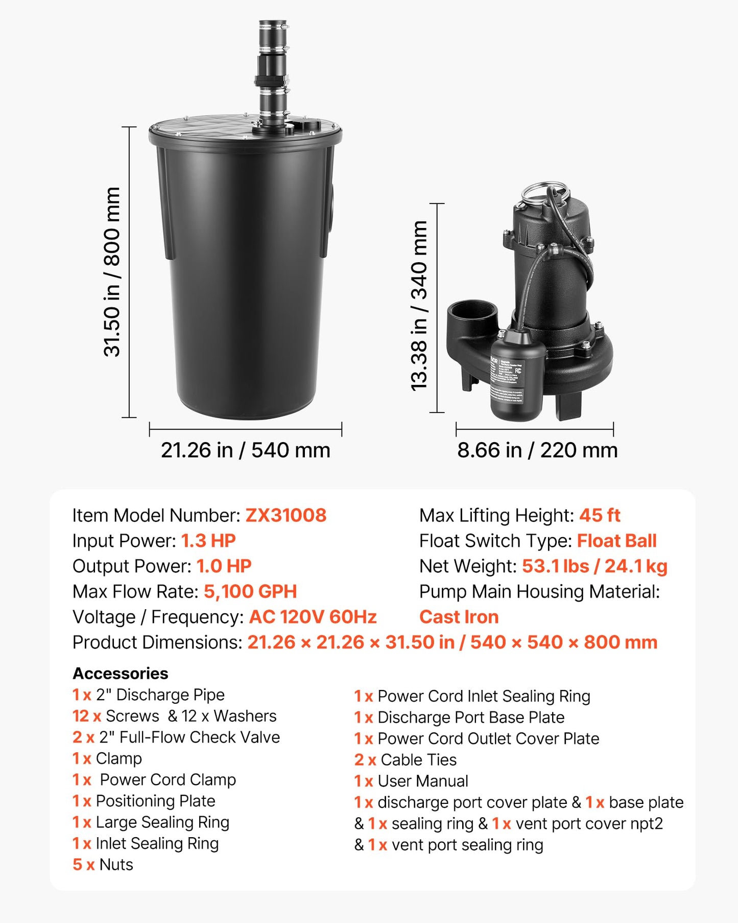 VEVOR Sewage Grinder System, 1 HP, 5100 GPH Cast Iron Sewage Pump with Basin, Grinding Blade, 120V Automatic Outdoor Water/Seepage Collection and Removal System with Float Switch, 2" Discharge, Black