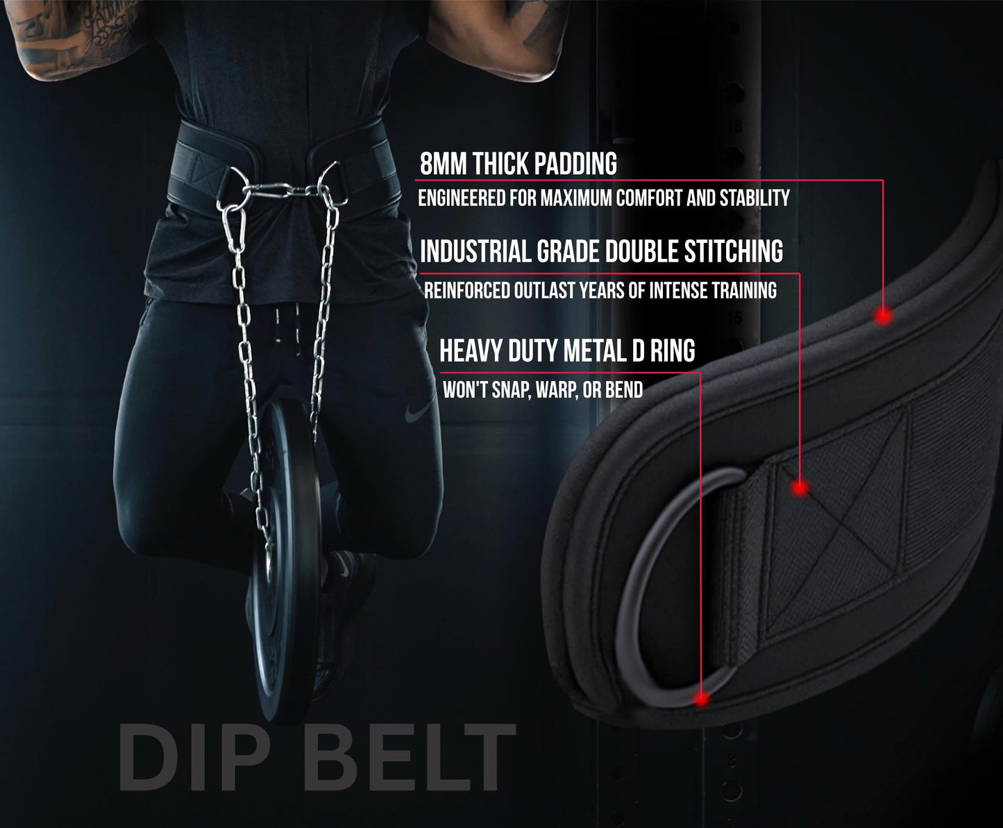 Dip Belt with Chain for Weightlifting – 42in Steel Belt Chain, 7in Padded Back Support, 400lb Capacity – Weighted Belt for Pullups, Dips, Squats – Heavy Duty Weight Belt for Men and Women