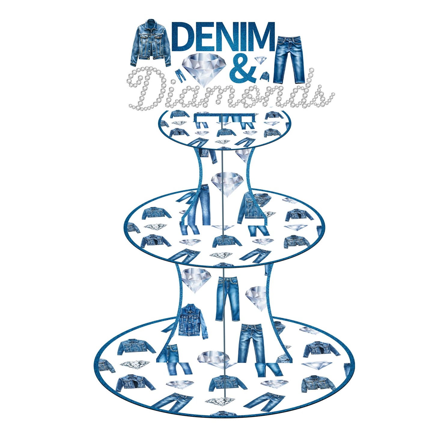 umoni Denim and Diamonds Cupcake Stand 3-Tier Denim Jean Cupcake Holder Denim Themed Party Dessert Tower for Crystal Diamonds Party Supplies