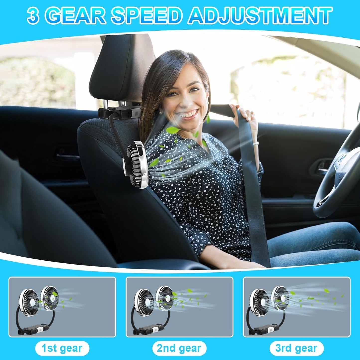 2 360 DaisyInner Pcs Car Fan for Backseat Dual Backseat Cooling Degree Rotatable Seat Fans with LED Light USB Car Rear