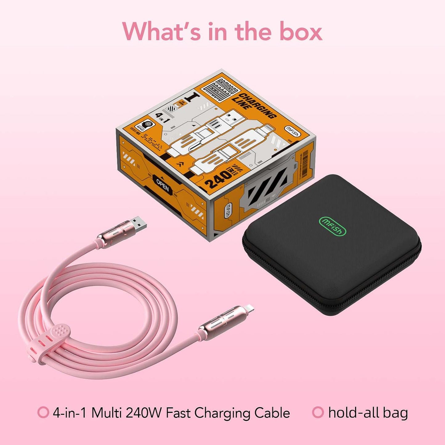 240W 4-in-1 6.6FT 17/16/15/14, S25/S24 6.6Ft) MFish Charging Cable with Carrying Case, Fast Charger USB-A & USB-C