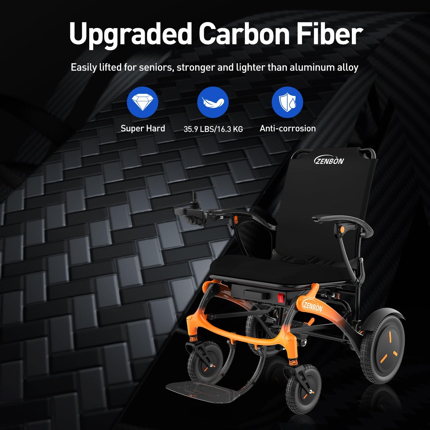 Carbon Fiber Electric Wheelchair for Adults ZENBON, 15 Miles Cruise Range Foldable Powered Wheelchair, Intelligent Motorized Wheelchairs for Seniors, Portable All Terrain Electric Mobility Chair 681A