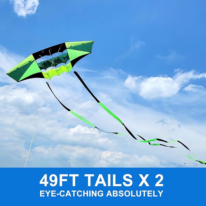 Beach Kites for Adults Large with Long Tail, 98 inches Super Easy Flyer 3D Rainbow Box Kites, Comes with Two 49 Feet Multi Colors Tails, 300 ft Kite String & Handle