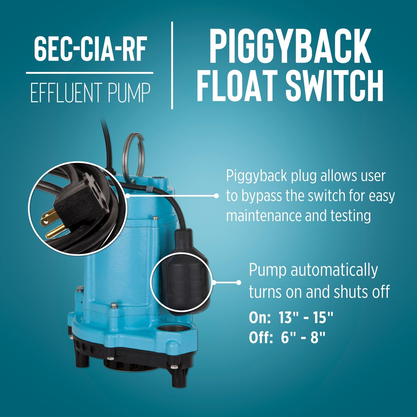 Little Giant 6EC-CIA-RF 1/3 HP, 115-Volt, 3180 GPH Automatic Cast Iron Submersible Sump/Effluent Pump with Polypropylene Base, Piggyback Mechanical Float Switch and 30-Ft. Power Cord, Blue, 506808