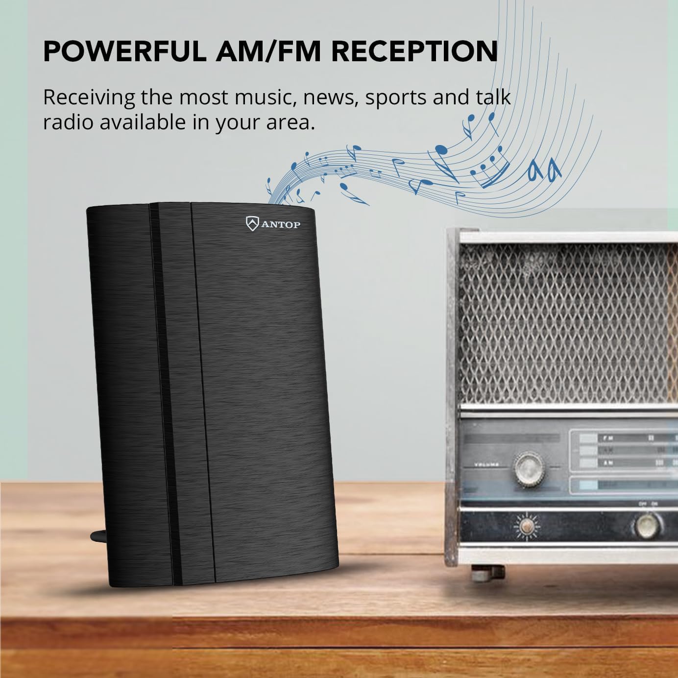ANTOP 50 FM Antenna, Low Noise Amplified Digital AM/FM Indoor Radio Antenna, Suitable for Home Stereo Receivers, Miles