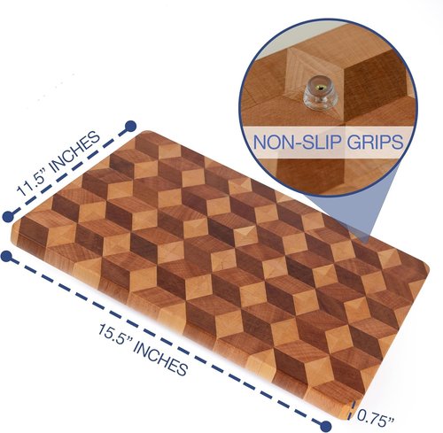 End Grain Wooden Cutting Board for Kitchen 15"x 11" - Walnut Hardwood Chopping Block with Non Slip Grips - Ideal for Charcuterie & Meat Butcher - Handmade 3D Design Wood (0.75" Thick, Large)
