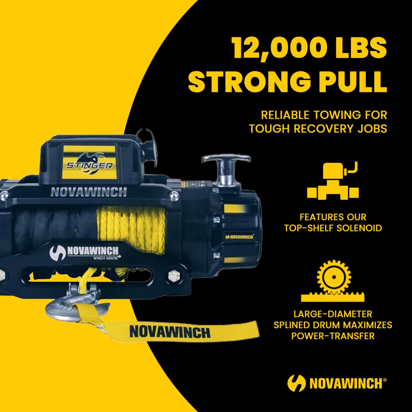 Novawinch Stinger 12000 lbs Electric Winch 12V - 12000 lb Synthetic Rope Motor Winch for Offroad, Truck, SUV, Trailer, Boat, ATV - Heavy Duty Vehicle Recovery System with 85 ft Synthetic Rope & Hook