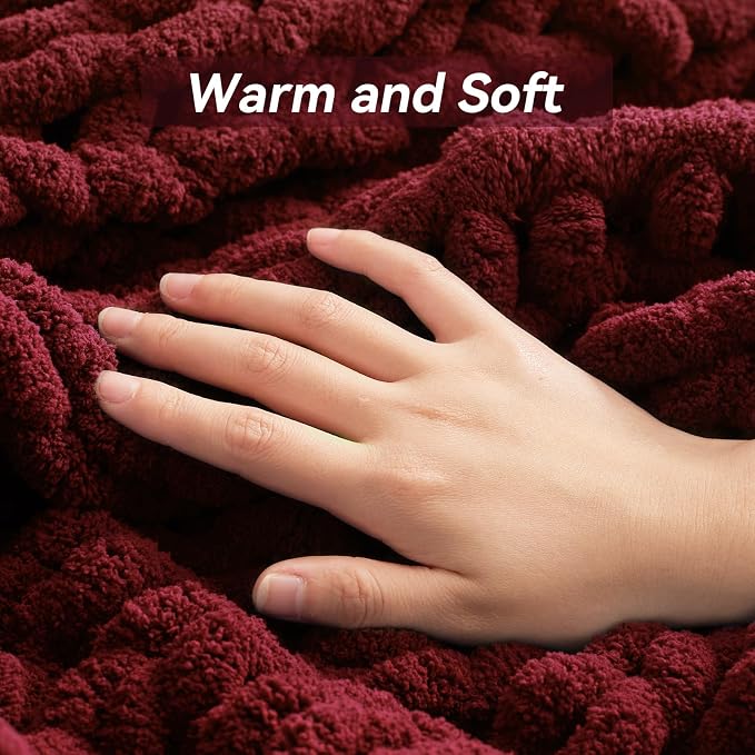 Negwoo Chunky Knit Throw Blanket, 60''*80'' Knitted Throw Chenille Yarn for Bed Couch, Handmade Red Crochet Big Thick Blanket, Machine Washable Cute Comfy Blanket for Home Decor