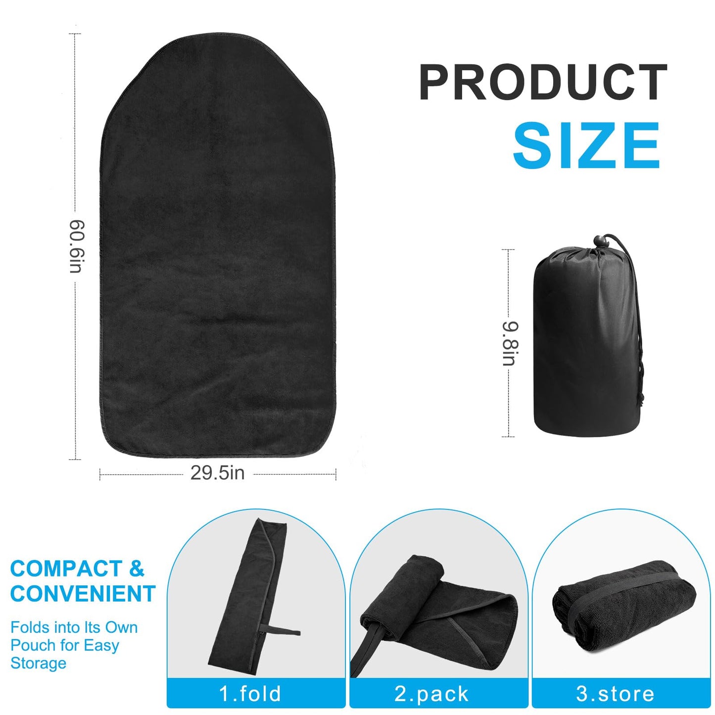 Waterproof Sweating Towel Car Seat Cover for Post Gym Workout, Running, Swimming, Beach and Hiking, Universal Fit Anti-Slip Bucket Seat Protector for Cars, SUVs and Trucks, Machine Washable (Black-1P)