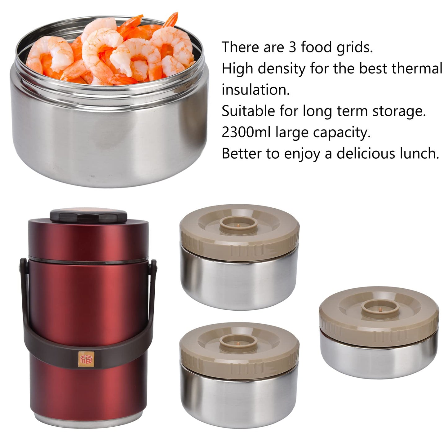 Qiilu Food Flask 2L Termos Para Comida Caliente 24 Horas 304 Stainless Steel 2.3L Vacuum Lunch Box 3 Layers Prevent Leakage Insulated Container For Work Travel (Red)