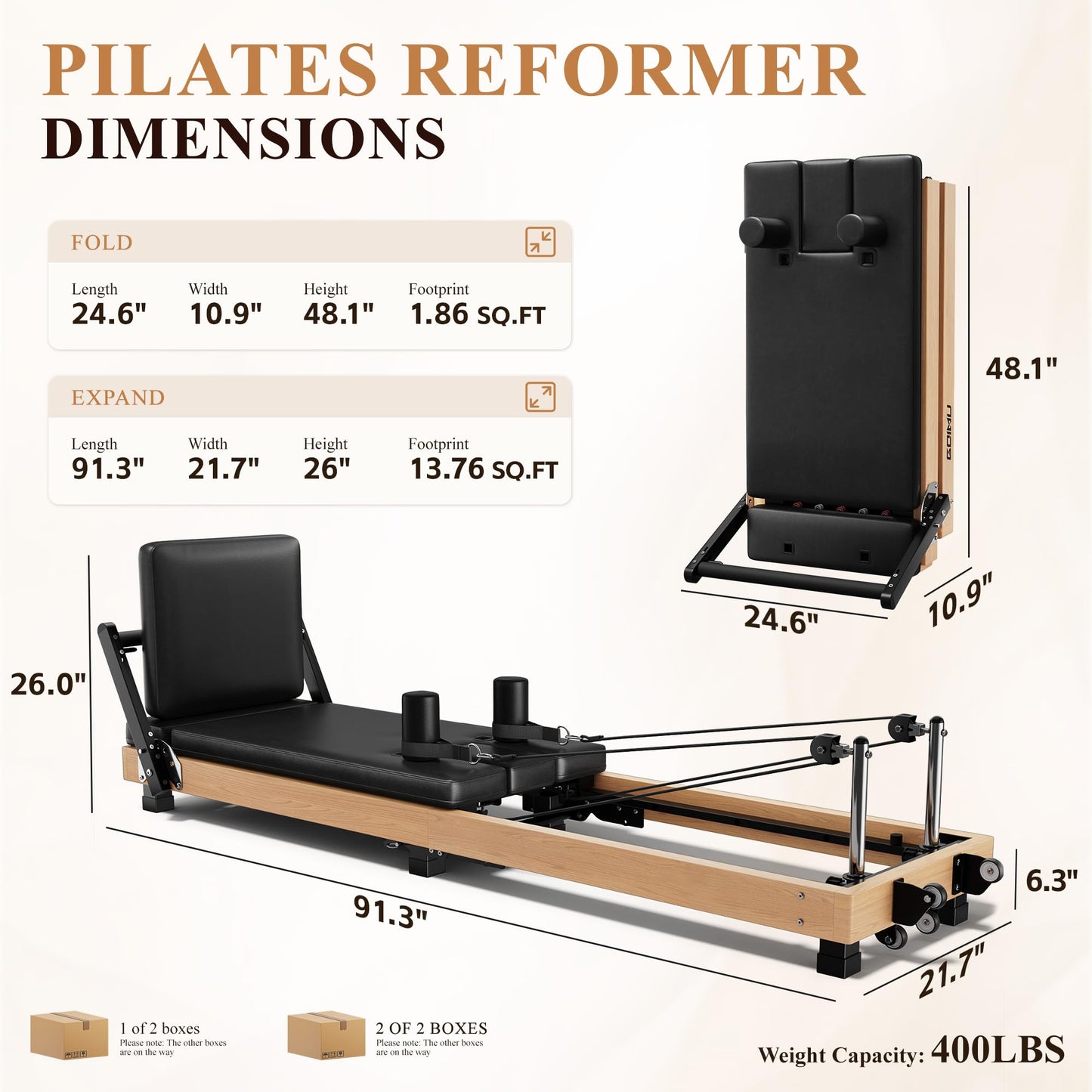 GOIMU Pilates Reformer, 91" Wooden Pilates Reformer Machine with Springs, Foldable Pilates Machine for Studio and Home, Oak Pilates Equipment with Jump Board