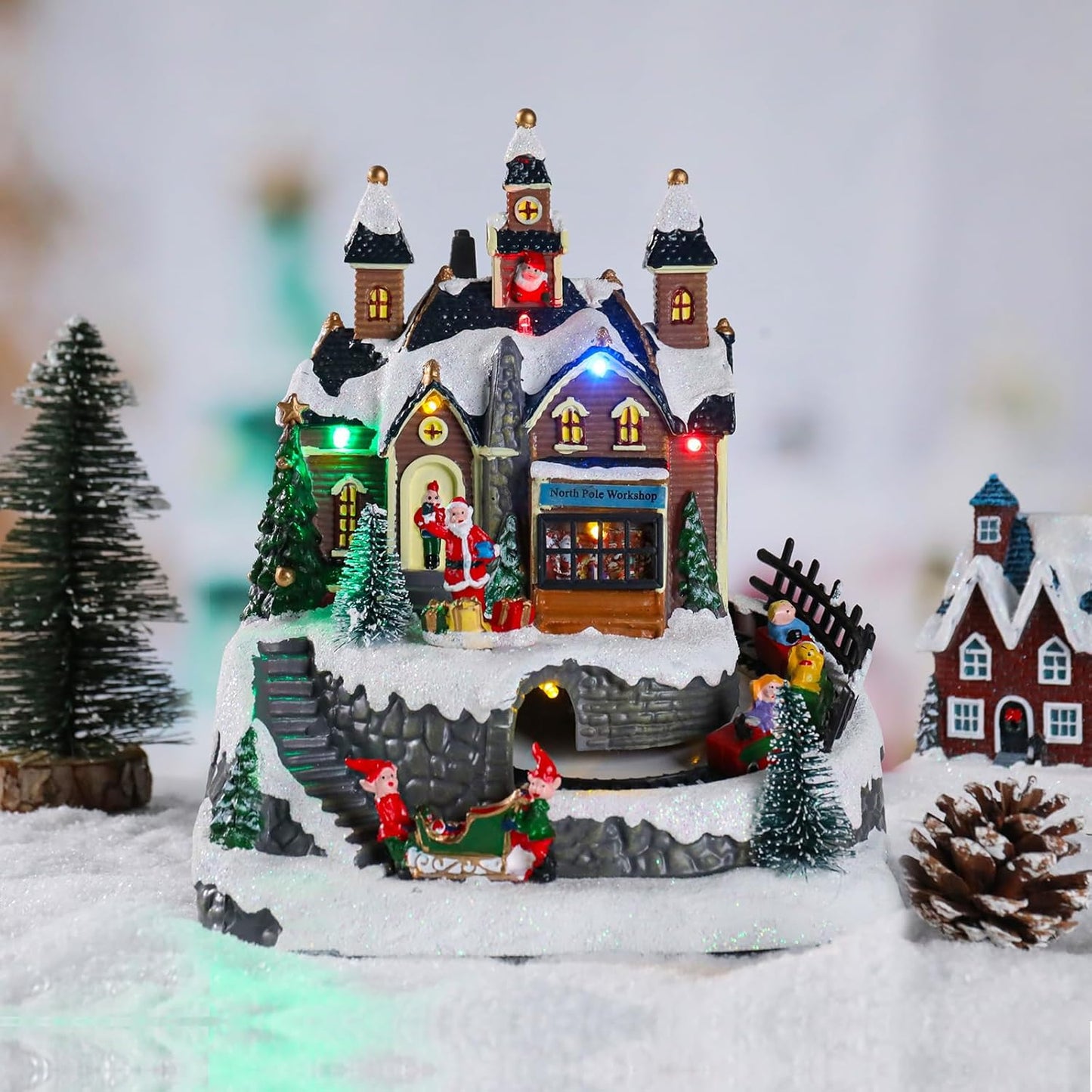 Wonder Garden Christmas Village Houses - Colorful Musical Snow Village Figurine with LED Lights & Train