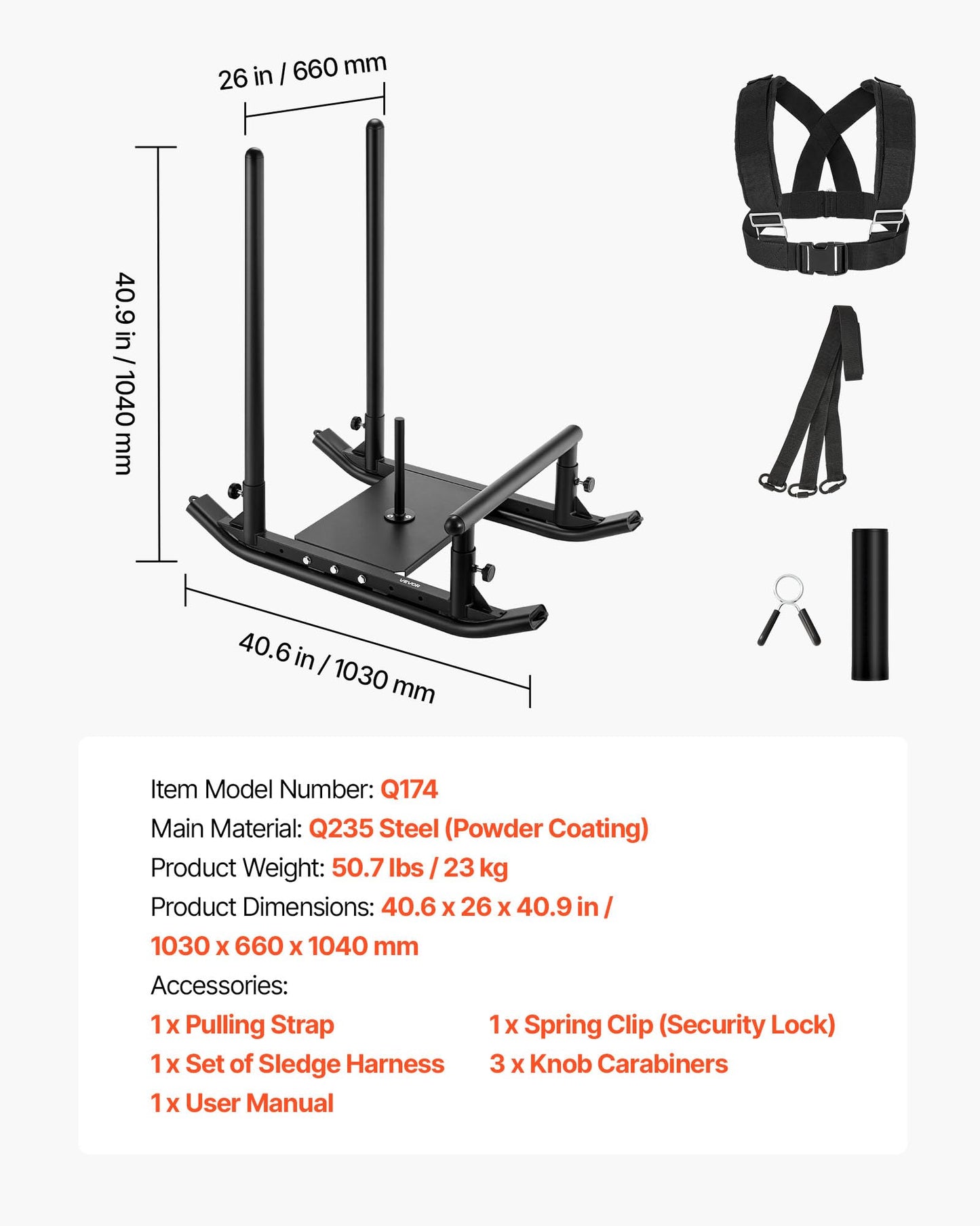 VEVOR Weight Sled, Fitness Strength Training Pull Push Running Sled, Fitness Workout Sled Push Gym Equipment, with Handle, Compatible 1/2 in Weight Plates, Black, Football Sleds and Chutes