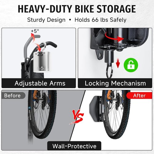 BYHUME Bike Rack | Space-Saving Vertical Wall Mount with 150° Swivel - Holds Up to 66lbs, Easy Install, 2 Pack