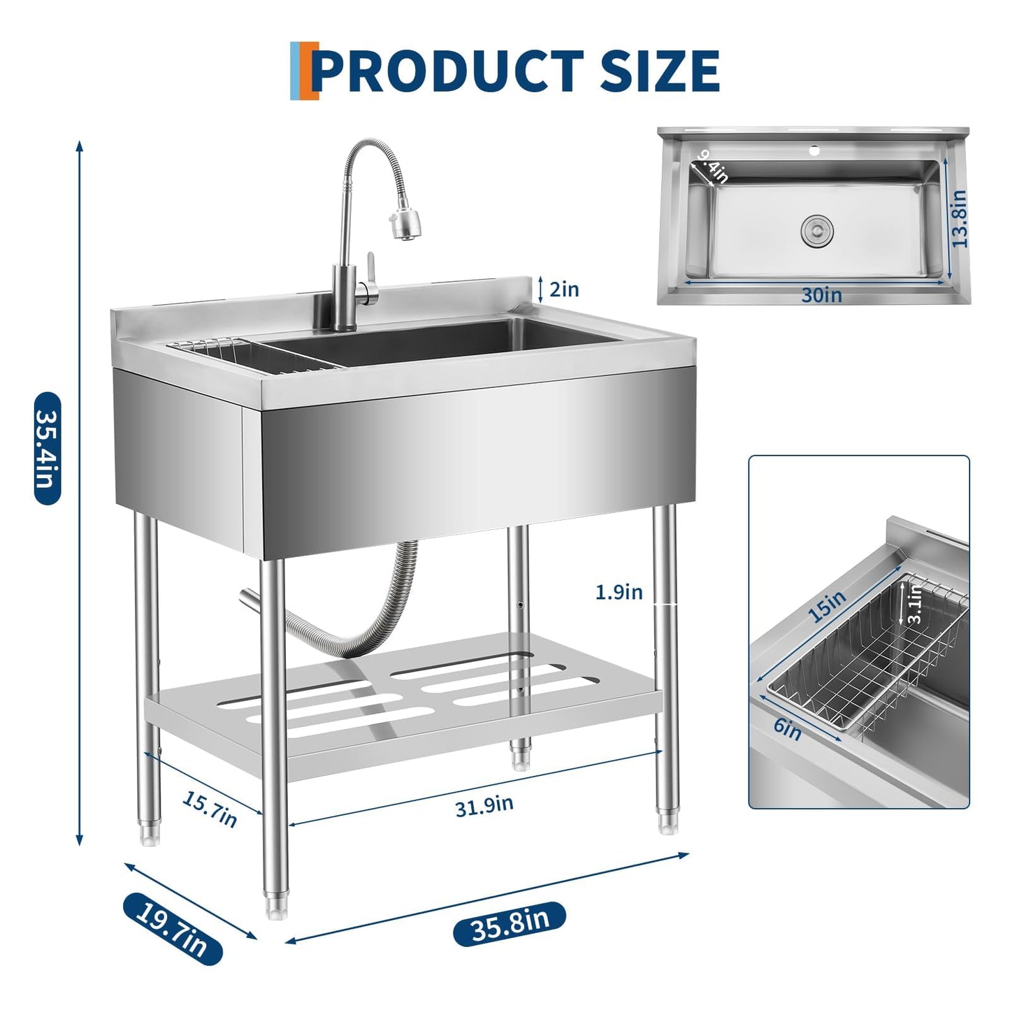 GarveeTech 35 in Freestanding Stainless Steel Utility Sink with Pull-Out Faucet, Adjustable Height Laundry Tub with Hot & Cold Water, Basket, Shelf & Drain Kit for Kitchen, Garage, Outdoor, Basement