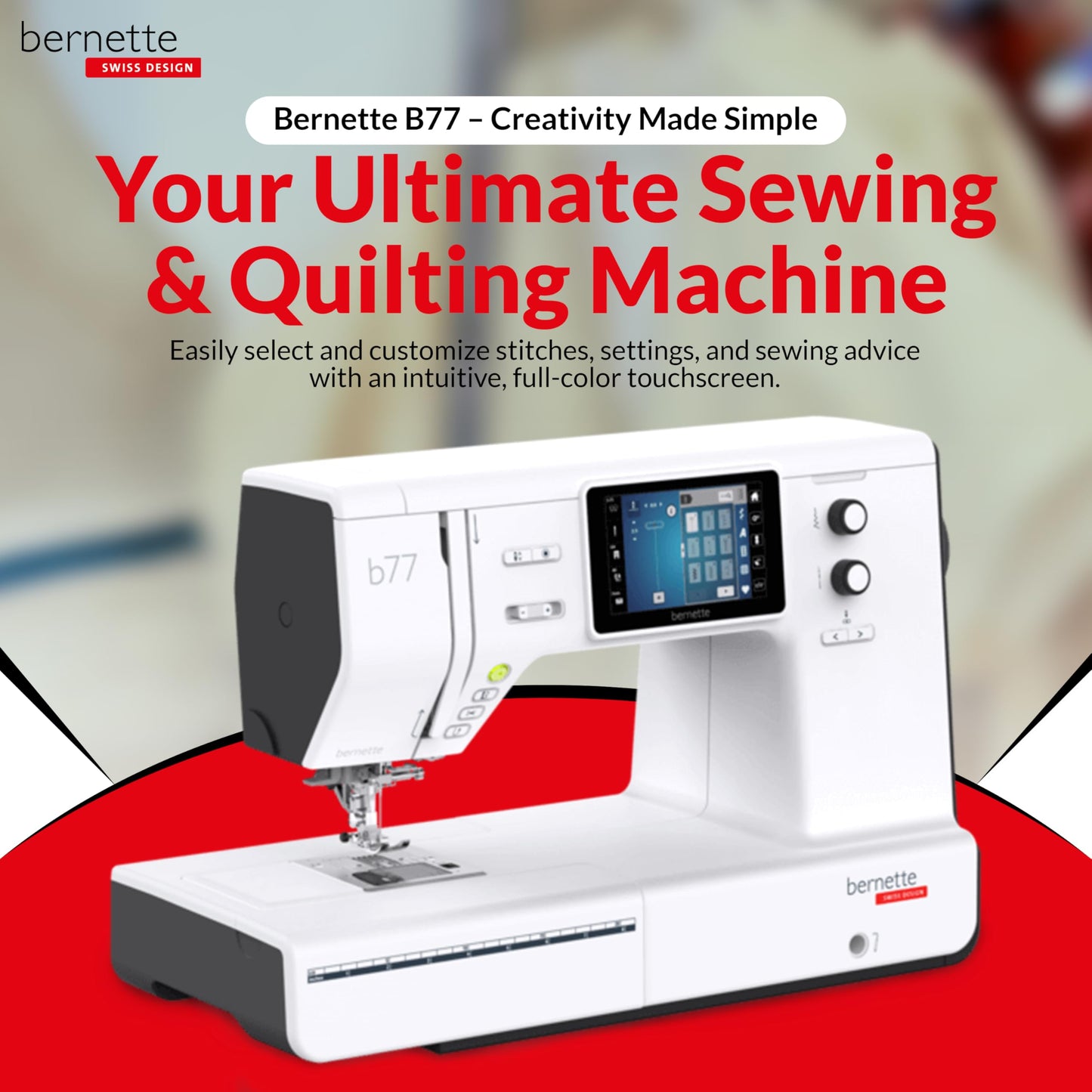 Bernette B77 Computerized Sewing Machine | Heavy Duty, Quilting & Embroidery Kit with Extension Table, Presser Feet, Bobbins, Thread Spools, Needles, Rotary Cutter, LCD Display & $200 Bonus Bundle