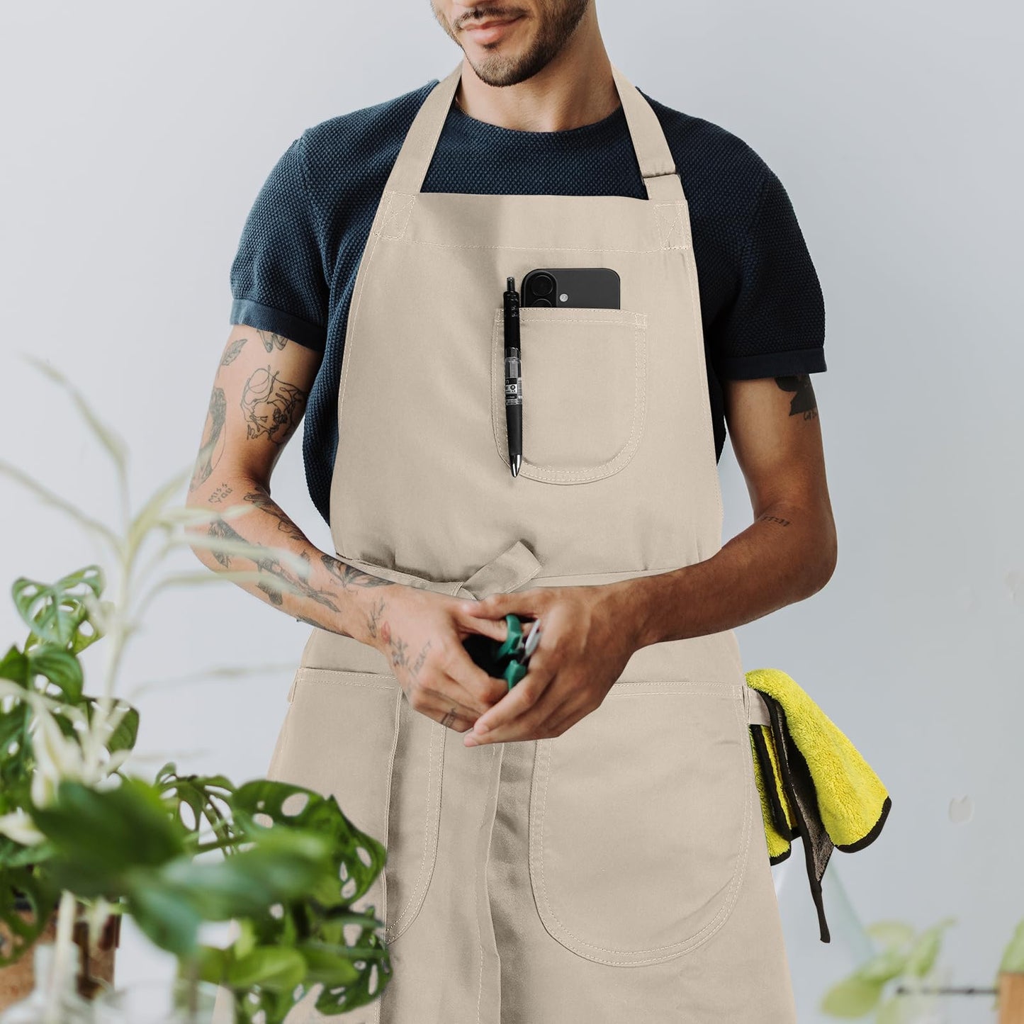 ELEGAHOUSE Unisex Apron with Pockets for Cooking, Salon & Art - 100% Cotton Adult Kitchen, Chef, Stylist Apron (Beige)