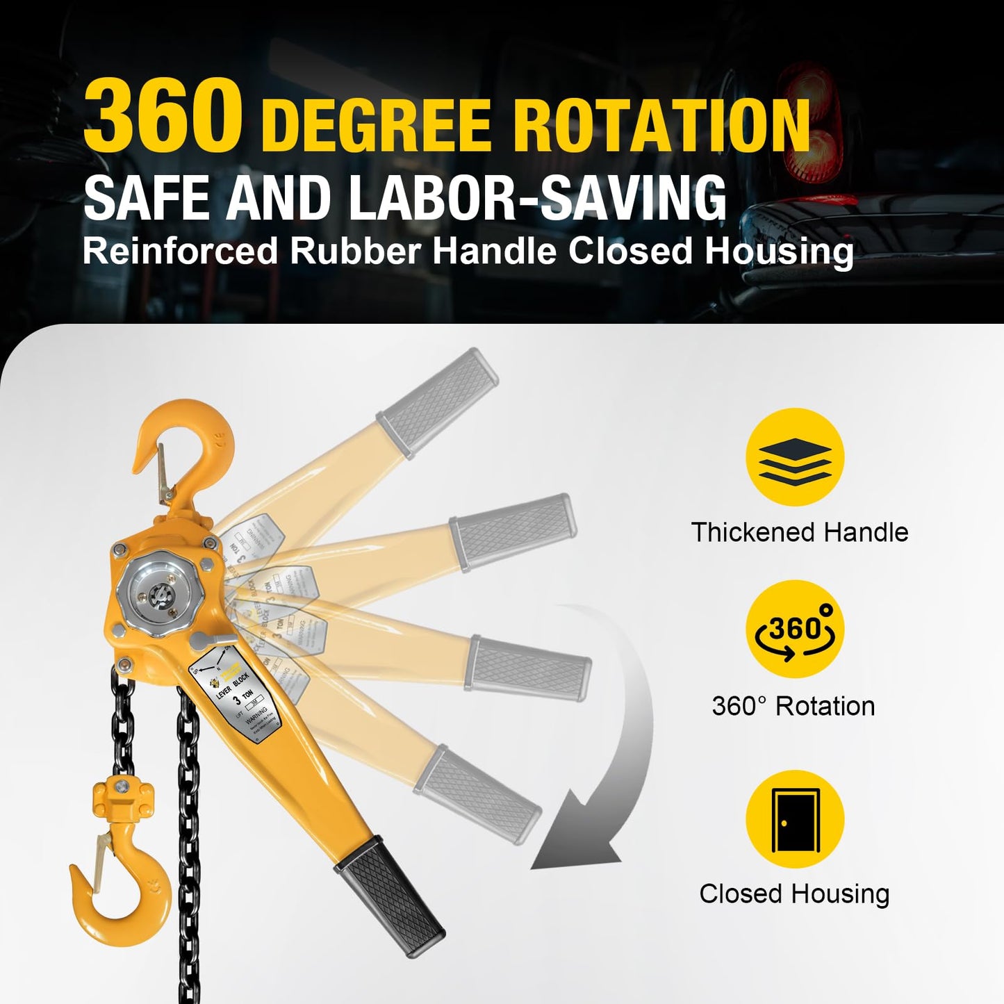 YELLOW JACKET 3 Ton Manual Lever Chain Hoist, 10 FT Come Along, G80 Galvanized Carbon Steel with Weston Double-Pawl Brake, Chain Come Along and Safety Measures for Chain Fall