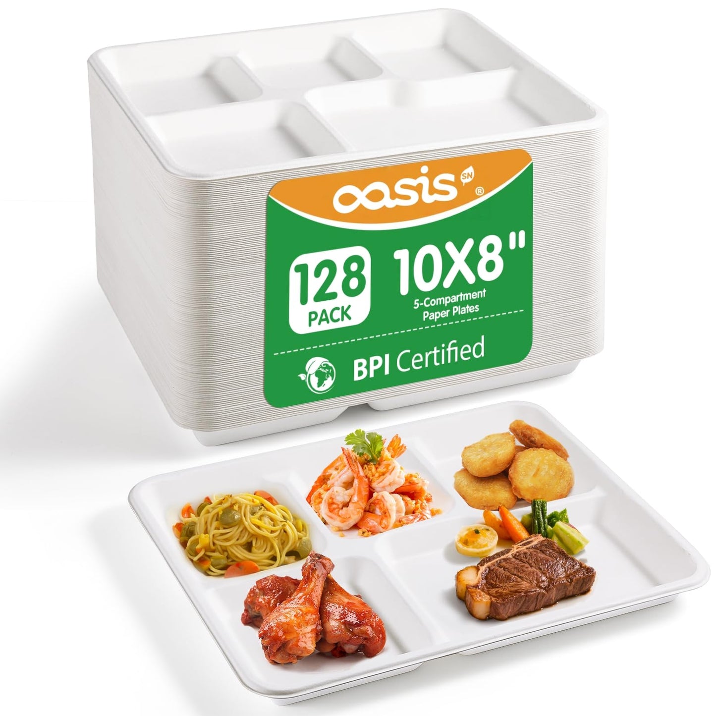 OasisSN 10x8 128-Pack 5-Compartment Divided Plates, Ideal for Light Meals, Kids Lunch, Meal Prep & Party, Heavy Duty Compostable Bagasse Plates, Microwave Safe, White