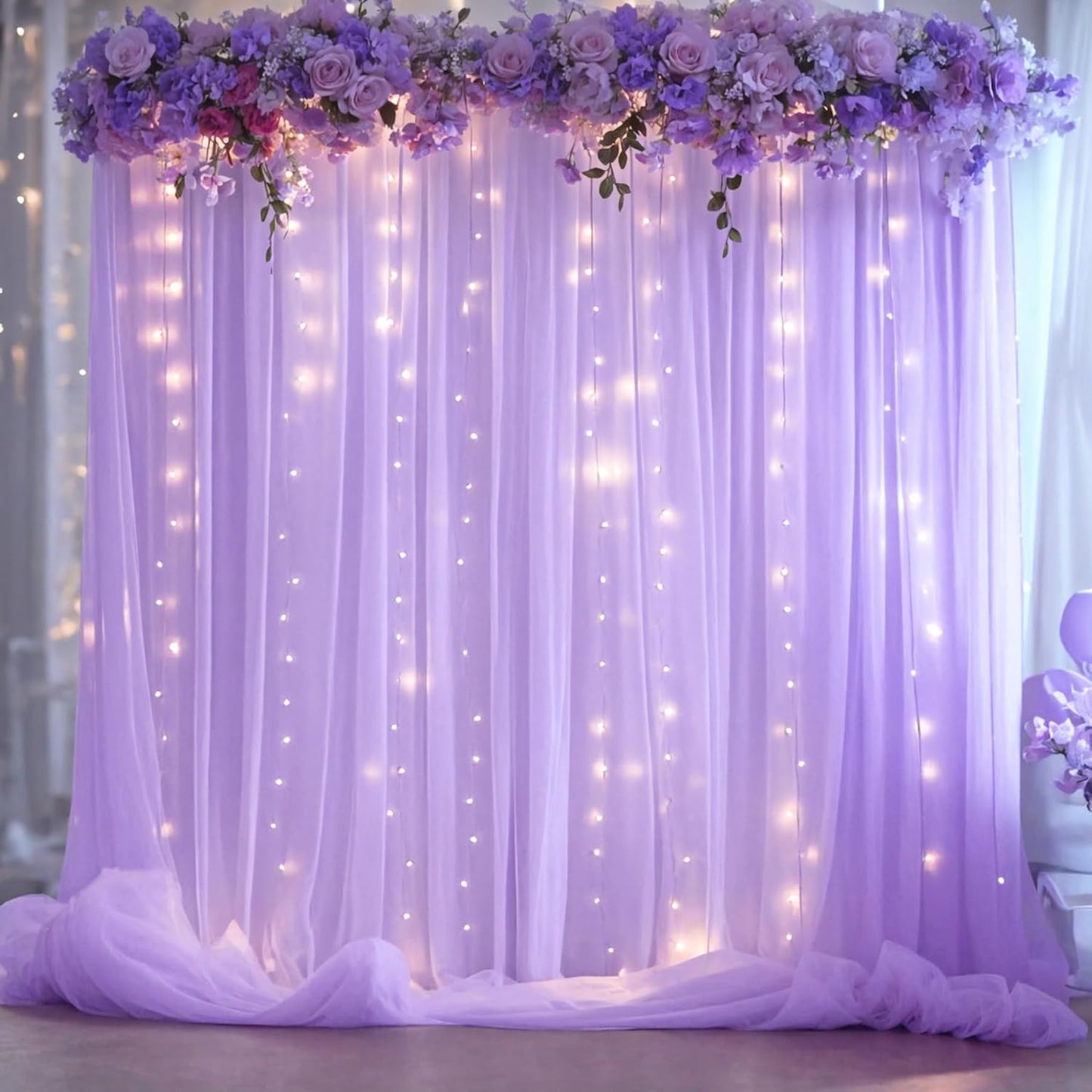 Suppromo 208ft Decorations(4 58ft) Lavender Tulle Backdrop Curtain with Lights String for Wedding Baby Shower Lavender