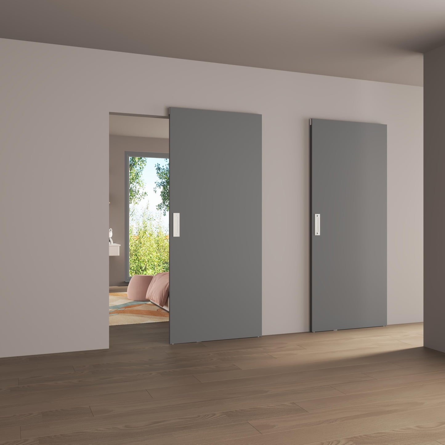 JUBEST 30"x84" Flush Solid Core White Primed Concealed Sliding Hidden Barn Door with Soft Close Installation Hardware and Double Sided Pulls Included