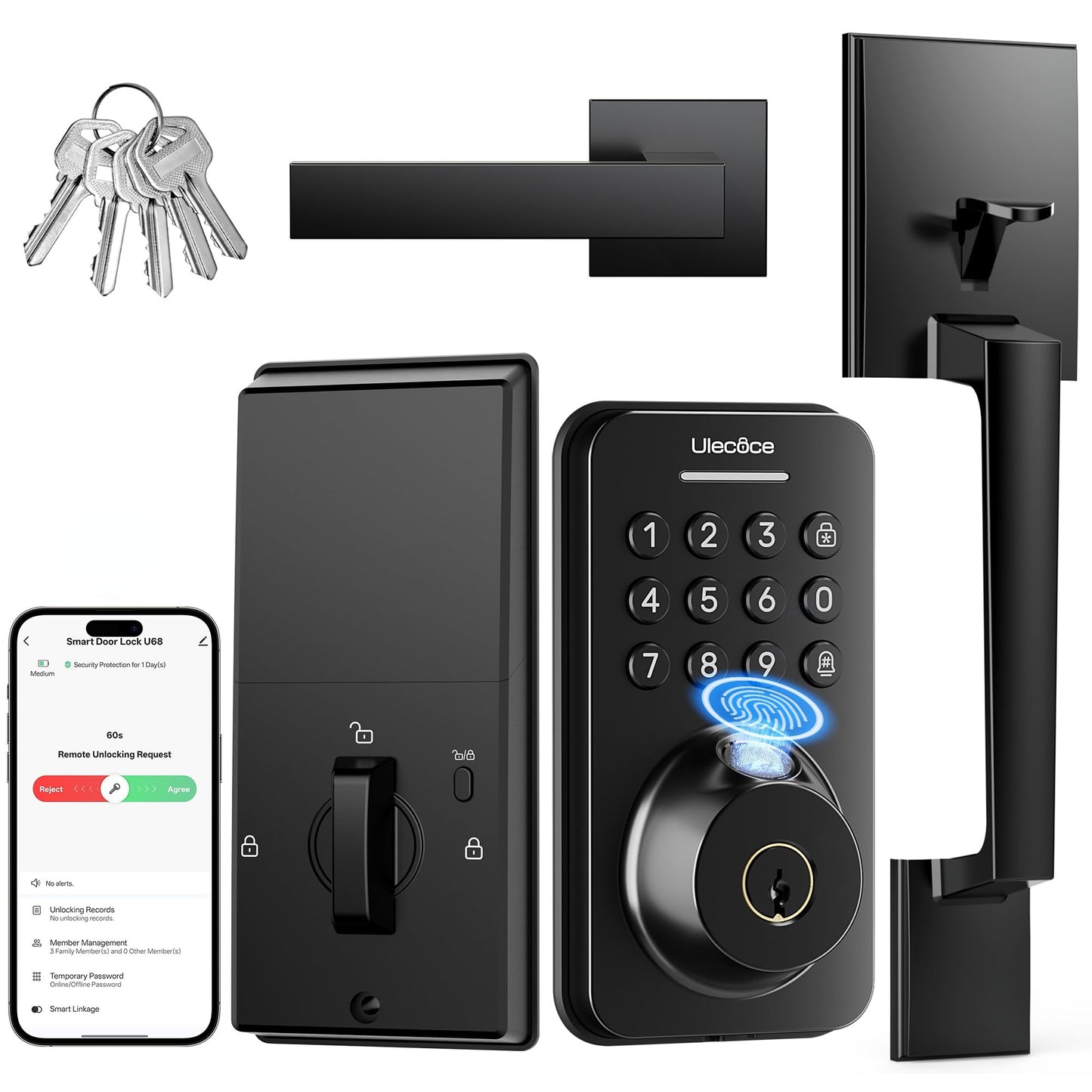 Ulecoce Fingerprint Keypad Deadbolt with Handle Set, Keyless Entry Door Lock, Door Locks for Front Door Lock Set, App Control, Auto Locking, Easy to Install, Matte Black