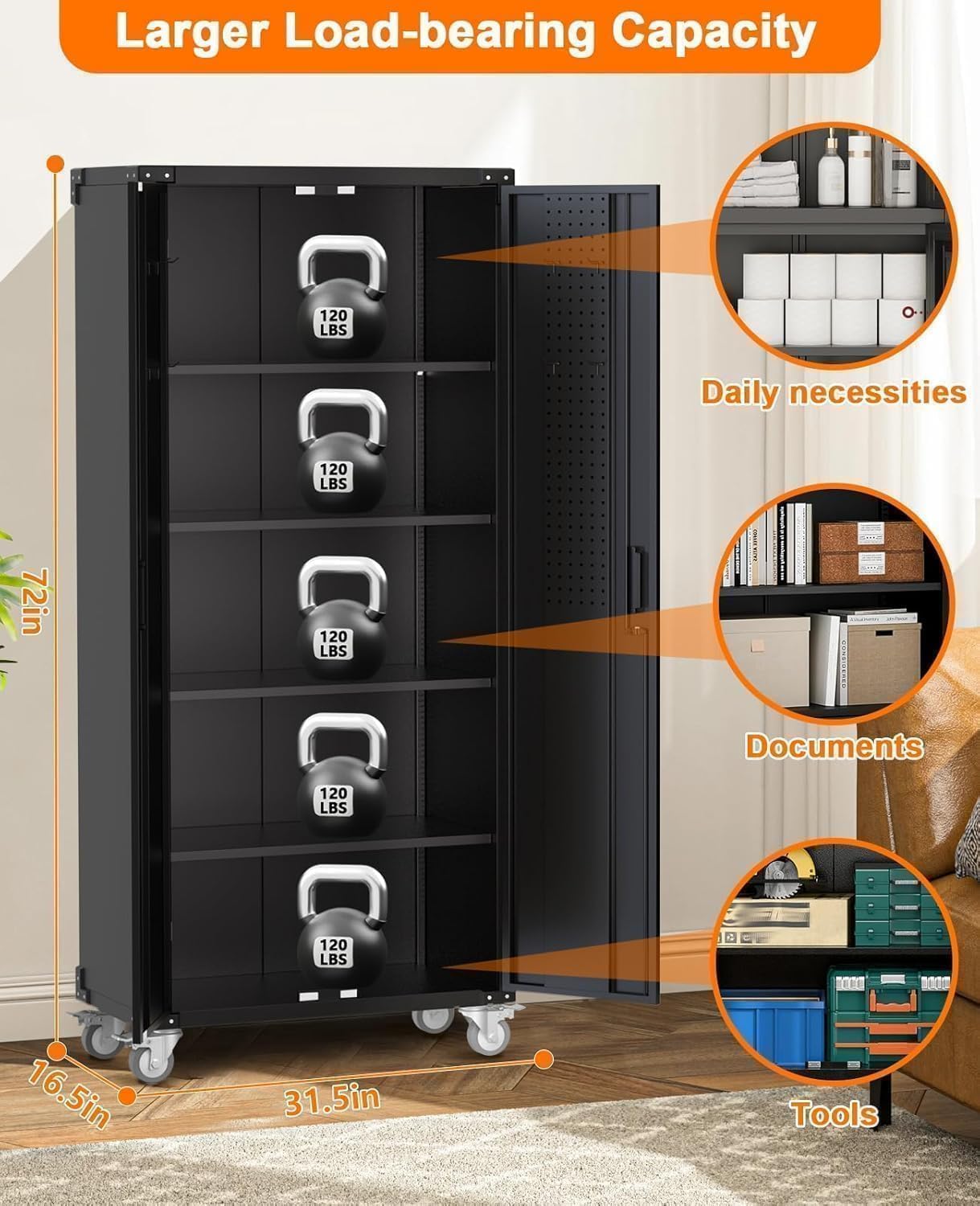 IDEALHOUSE 72" Tall Garage Storage Cabinet – 600 Lb Capacity Metal Tool Cabinet with Magnetic Lock, 4 Adjustable Shelves & Wheels, Heavy-Duty Steel Storage for Workshop, Home & Office