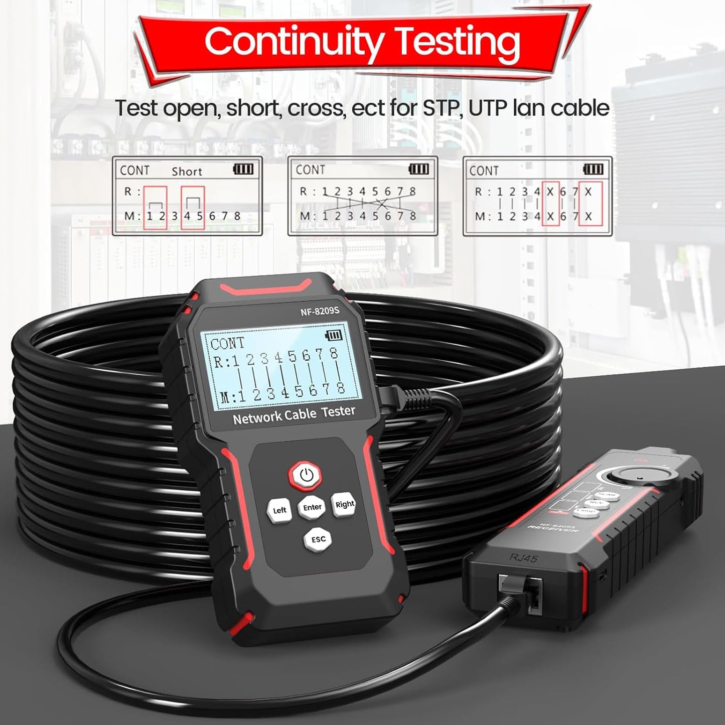 NOYAFA NF-8209S Network Cable Tester, Ethernet Cable Tester with CAT5, CAT6 Line Tracer, PoE, NCV, Length Test, Port Flashing, Fault Line Scan for Cable Grooming, LAN Network Cable Tracer Kit