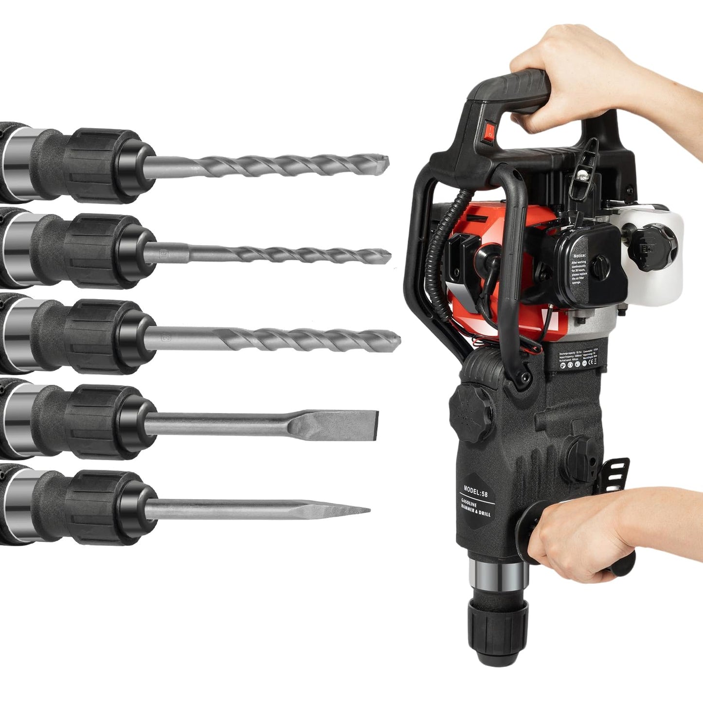 33CC 1000W Gas Powered Jack Hammer, 2-Stroke Hammer Drill, Drilling Machine Breaker Punch Drill Chisels Heavy Duty Gasoline Concrete Breaker Rock Drill for Concrete Breaking, Construction