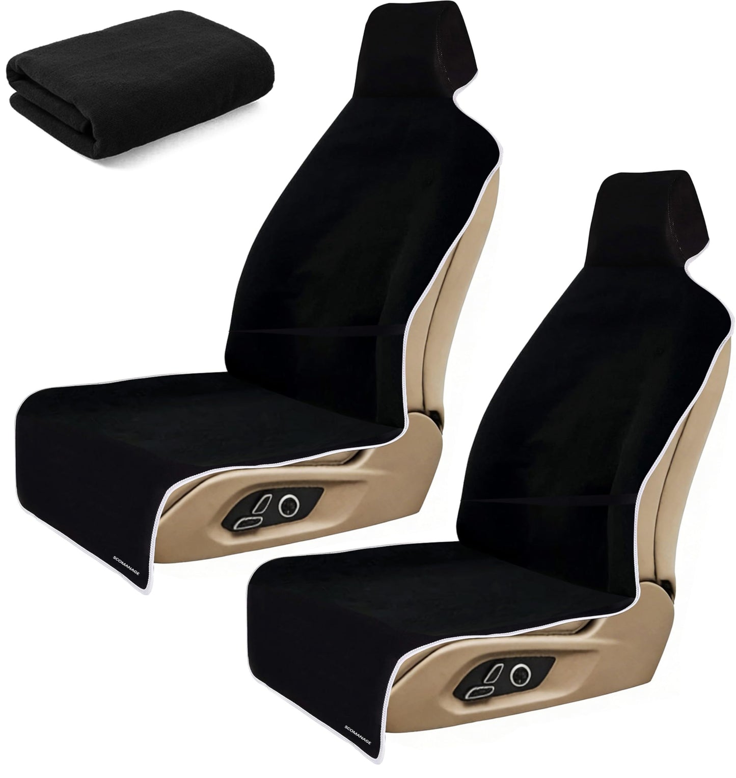 SCOMANAGE Waterproof Stain Resistant Towel Car Seat Covers，Universal Non-Slip for Gym Workout, Swimming, Beach and Workout Outdoor, Machine Washable(Black,2 Pack)