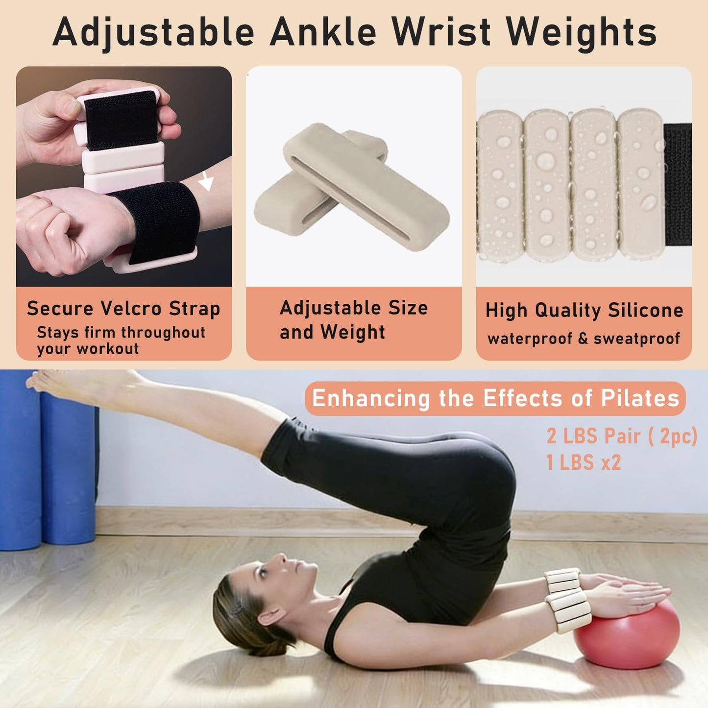 Pilates Ring Kit with Adjustable Ankle Wrist Weights, Resistance Bands, Pilates Equipment Ball for Home Workout to Tone, Sculpt and Strengthen, Fitness Magic Circle Rings for Yoga Women (Beige)